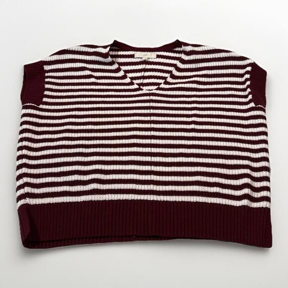 LOFT Poncho Sweater Women's S White Brown Striped Short Sleeve Knit V-Neck (A29) - Picture 1 of 5